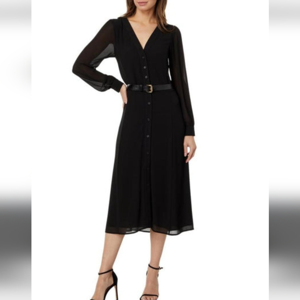 Michael Kors Elegant Black Button-Down Dress Sheer Long Sleeves & Lined